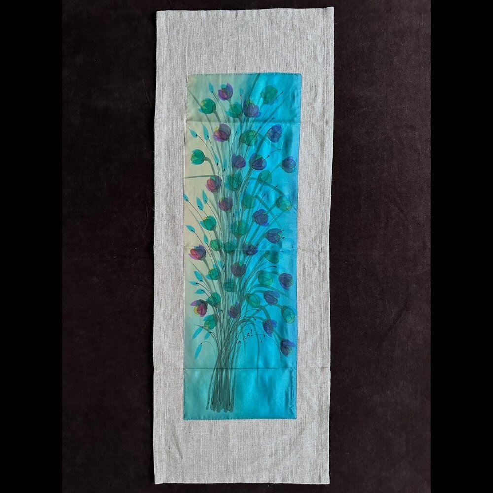 Handmade Tulip Coffee Table Runner, Hand Painted Silk, Linen